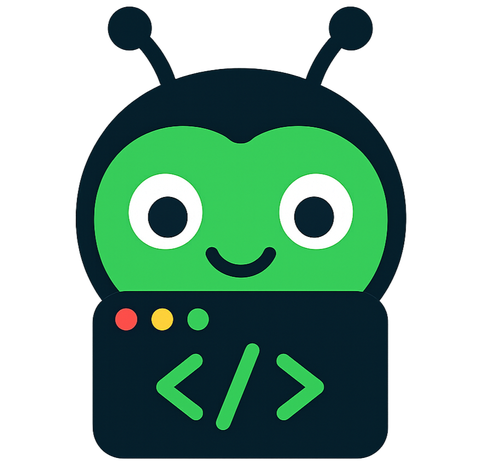 Buggo, o mascote: um robô verde sobre um quadrado roxo com o símbolo </>