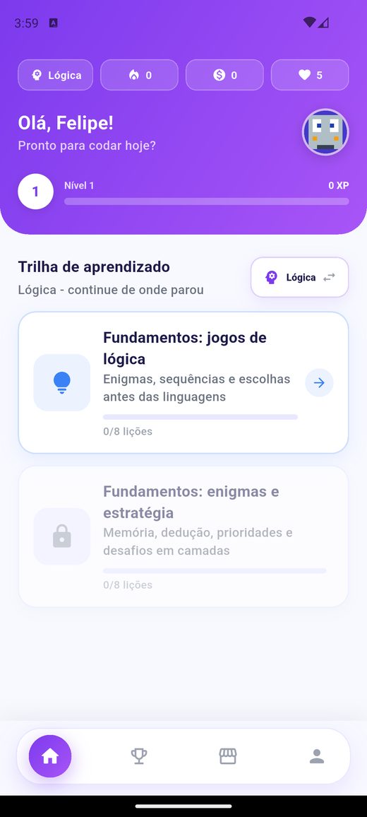 Tela inicial do Buggo, com a trilha de aprendizado